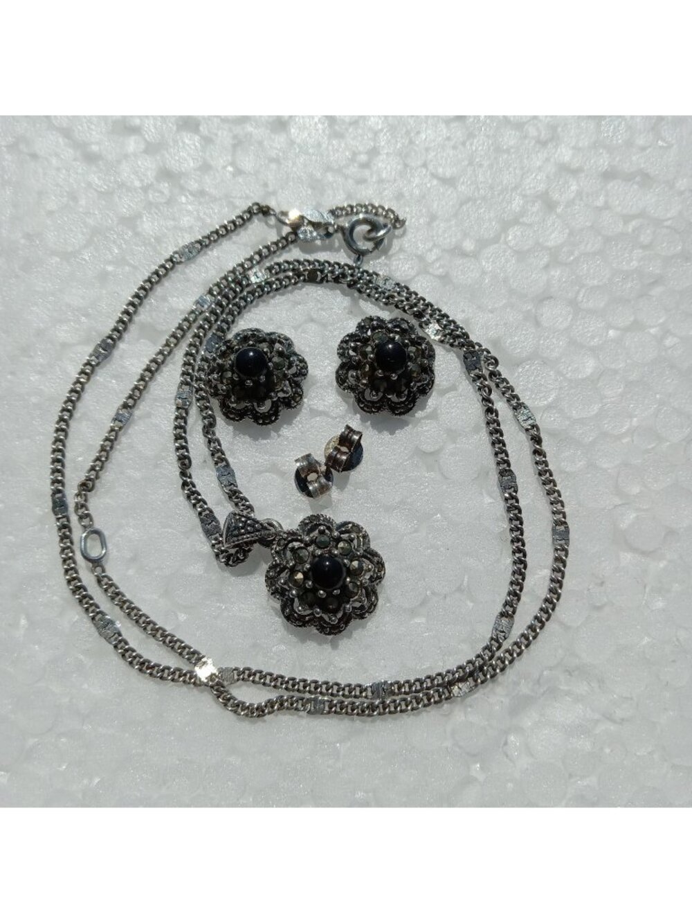 Vintage Sterling Silver 925 Marcasite Black Onyx Pendant Necklace & Earrings